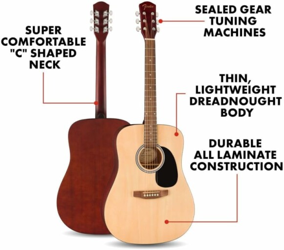 Acoustic guitar with text 'Designed for beginners by the most trusted name in guitar' and a pair of guitar picks on the table next to it.