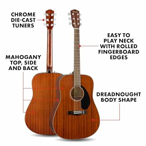 Acoustic guitar with labeled features including chrome tuners, mahogany body, easy neck, and dreadnought shape.