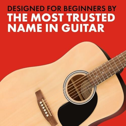 Acoustic guitar with text 'Designed for beginners by the most trusted name in guitar'.