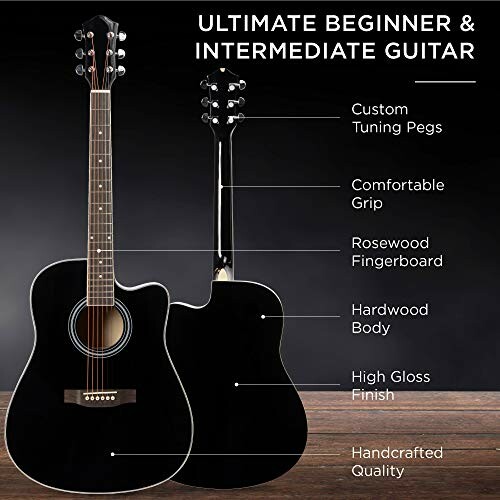 Black acoustic guitar with annotations highlighting features.