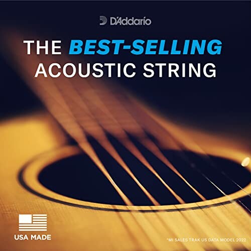 Close-up of acoustic guitar with text promoting best-selling strings.