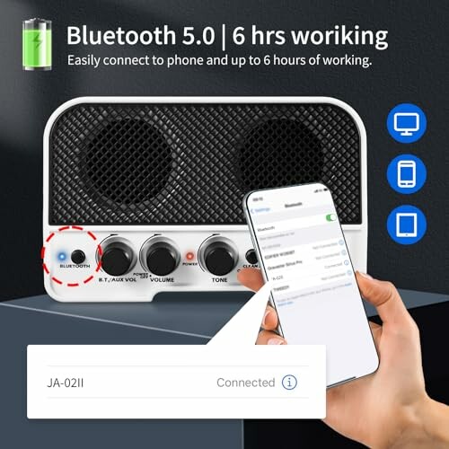 Bluetooth speaker with phone connection showing Bluetooth 5.0 and 6 hours working.