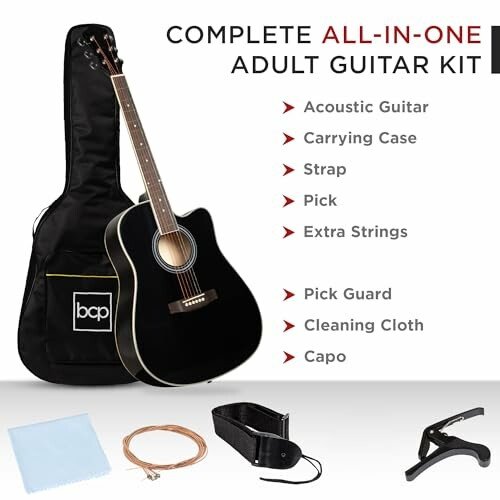 Complete all-in-one adult guitar kit with acoustic guitar, case, strap, pick, strings, pick guard, cleaning cloth, and capo.