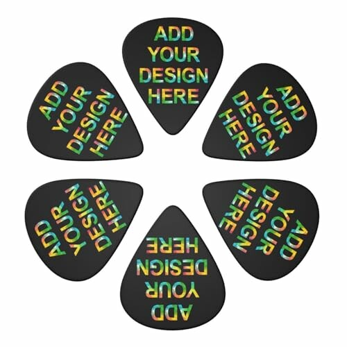 Six black guitar picks arranged in a circle with 'Add Your Design Here' text.