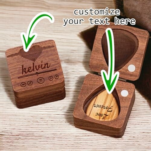 Customizable wooden music box with engraved text options.