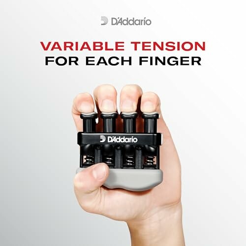 Hand holding D'Addario finger exerciser with variable tension feature.