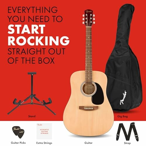 Fender guitar starter kit with stand, gig bag, picks, extra strings, and strap.