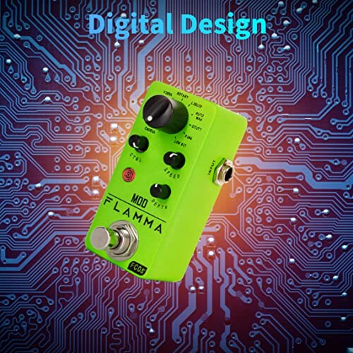 Flamma guitar pedal on a digital circuit board background.