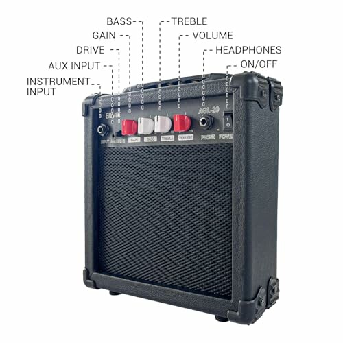 Guitar amplifier with labeled controls for bass, treble, gain, volume, drive, aux input, instrument input, headphones, and on/off switch.