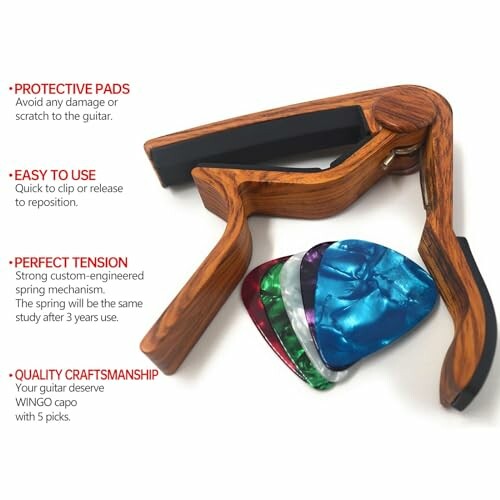 Wooden guitar capo with five colorful picks