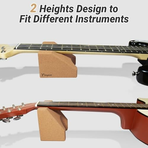 Two guitars on stands showcasing adjustable height design.