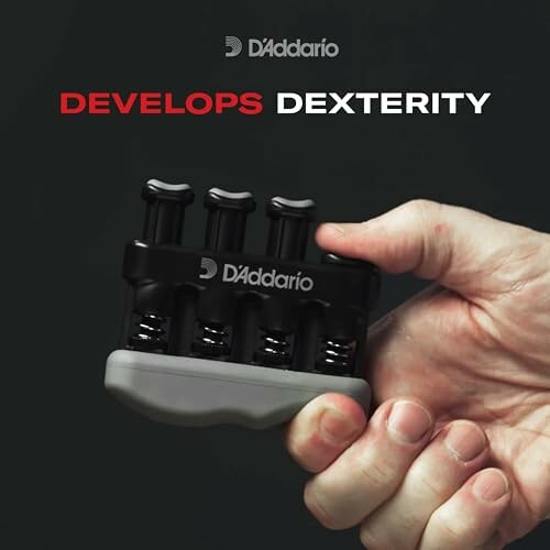 Hand holding a D'Addario finger exerciser with text 'Develops Dexterity'.