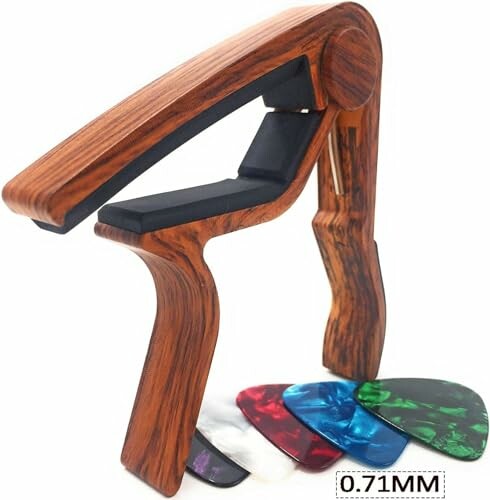 Wooden guitar capo with colorful picks